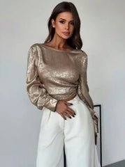 Firerie Elegant & Fashionable Party/Work Solid Gold Long Sleeve Off-Shoulder Bow-Tie Waist Fitted Slim Blouse, Autumn/Winter