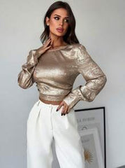 Firerie Elegant & Fashionable Party/Work Solid Gold Long Sleeve Off-Shoulder Bow-Tie Waist Fitted Slim Blouse, Autumn/Winter