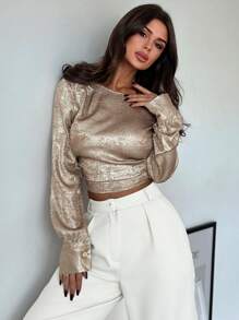 Firerie Elegant & Fashionable Party/Work Solid Gold Long Sleeve Off-Shoulder Bow-Tie Waist Fitted Slim Blouse, Autumn/Winter