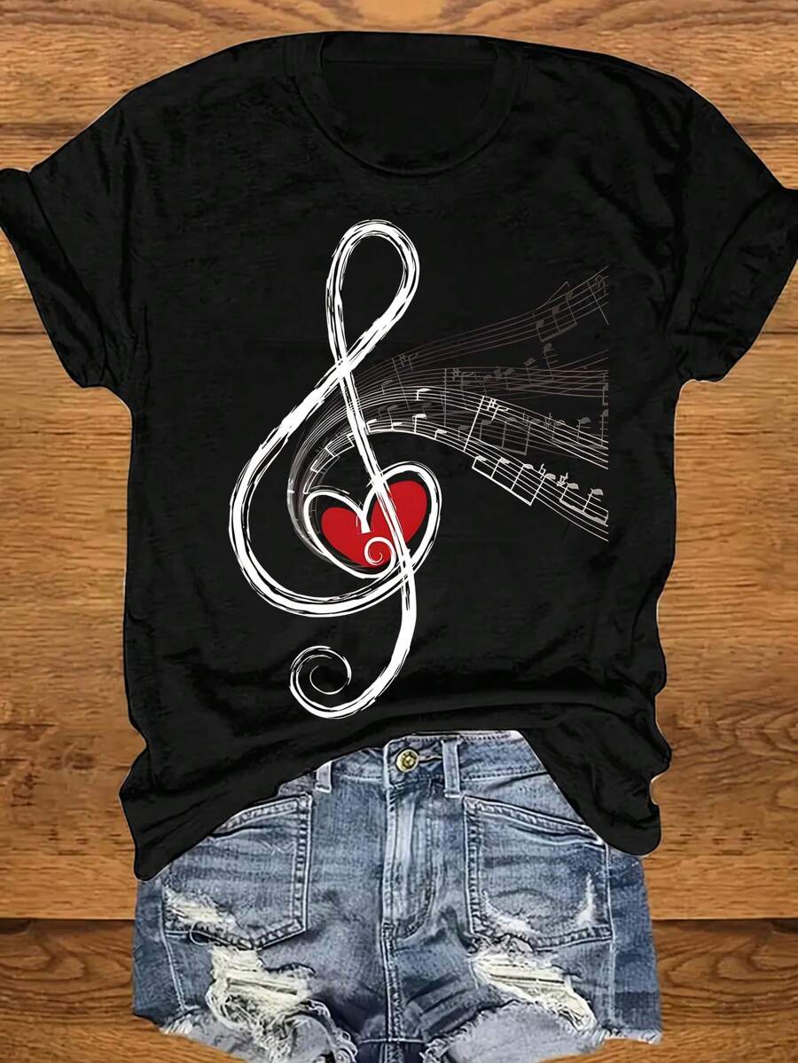 Simple Music Note & Heart Print majica