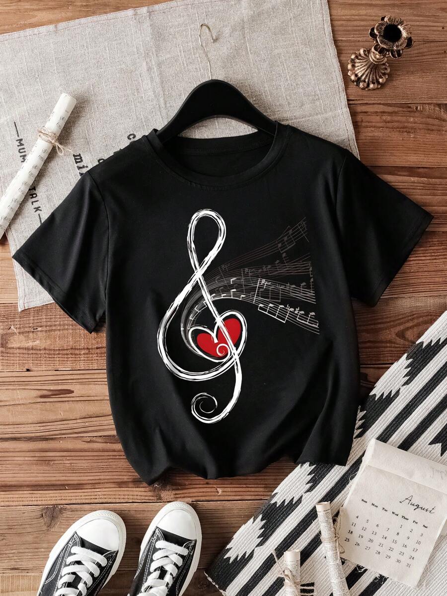 Simple Music Note & Heart Print majica