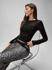 RiviMae Women Solid Color Round Neck Long Sleeve Slim Fit Mesh Panel T-Shirt Fall Cloth For Women