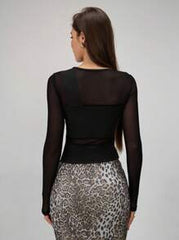 RiviMae Women Solid Color Round Neck Long Sleeve Slim Fit Mesh Panel T-Shirt Fall Cloth For Women