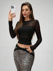RiviMae Women Solid Color Round Neck Long Sleeve Slim Fit Mesh Panel T-Shirt Fall Cloth For Women