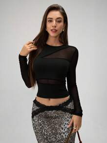 RiviMae Women Solid Color Round Neck Long Sleeve Slim Fit Mesh Panel T-Shirt Fall Cloth For Women