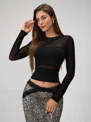 RiviMae Women Solid Color Round Neck Long Sleeve Slim Fit Mesh Panel T-Shirt Fall Cloth For Women
