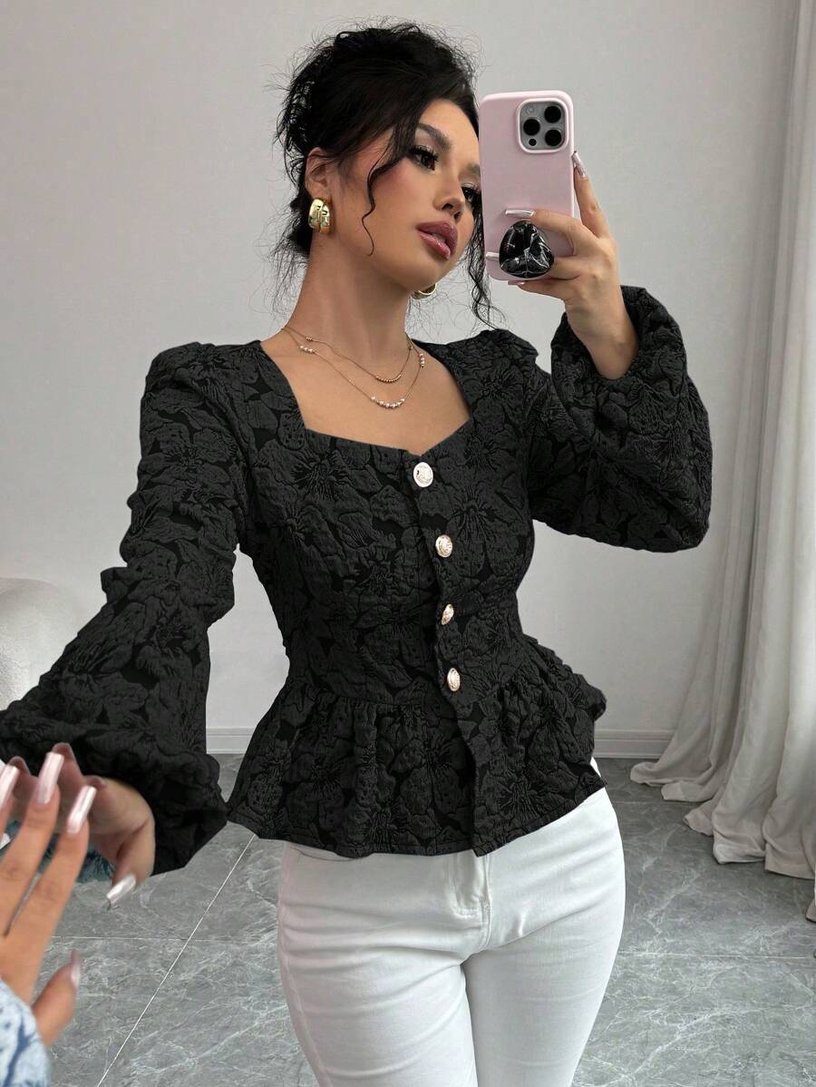 Selianne Women's Solid Color Sweetheart Neck Button Ruffle Hem Elegant Long Sleeve Blouse Peplum Top