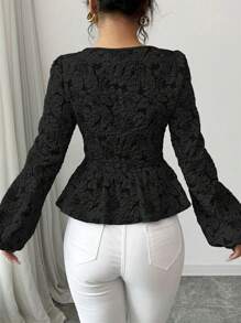 Selianne Women's Solid Color Sweetheart Neck Button Ruffle Hem Elegant Long Sleeve Blouse Peplum Top