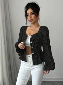 Selianne Women's Solid Color Sweetheart Neck Button Ruffle Hem Elegant Long Sleeve Blouse Peplum Top
