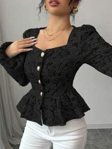 Selianne Women's Solid Color Sweetheart Neck Button Ruffle Hem Elegant Long Sleeve Blouse Peplum Top