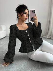 Selianne Women's Solid Color Sweetheart Neck Button Ruffle Hem Elegant Long Sleeve Blouse Peplum Top