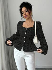 Selianne Women's Solid Color Sweetheart Neck Button Ruffle Hem Elegant Long Sleeve Blouse Peplum Top
