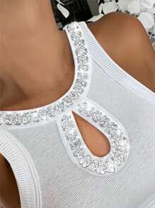 ChicMe Rhinestone Contrast Color Sequin Hollow Out Sleeveless Fitted Ribbed Knit Tank Top, Elegant Women Casual White Summer