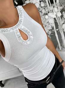 ChicMe Rhinestone Contrast Color Sequin Hollow Out Sleeveless Fitted Ribbed Knit Tank Top, Elegant Women Casual White Summer