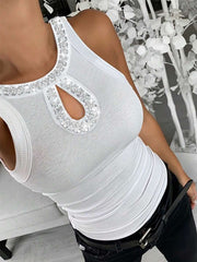 ChicMe Rhinestone Contrast Color Sequin Hollow Out Sleeveless Fitted Ribbed Knit Tank Top, Elegant Women Casual White Summer