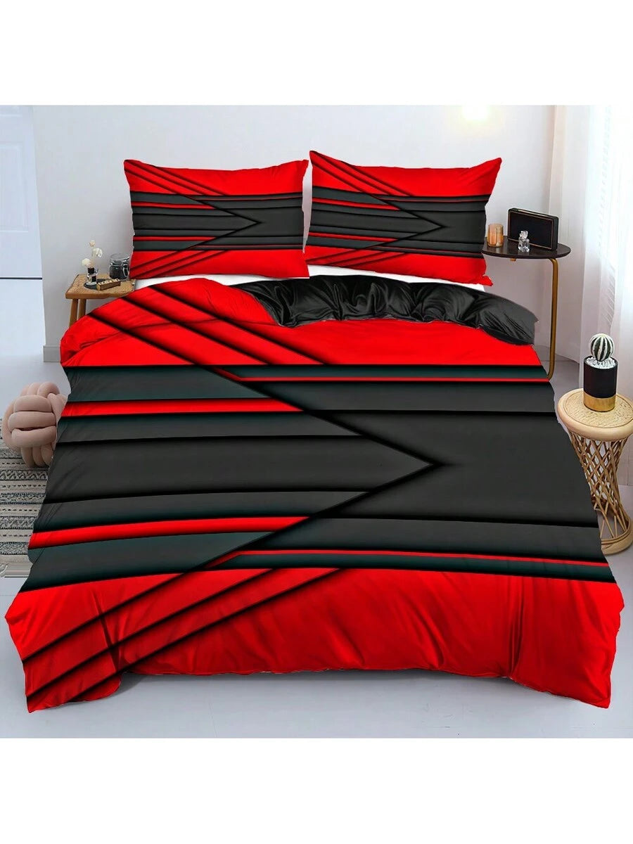Set od 3 komada crvene i crne posteljine sa geometrijskim uzorkom (1*navlaka za jorgan + 2*navlake za jastuke, bez punjenja)