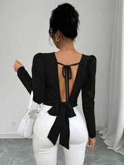 Selianne Women's Elegant Solid Color Tie-Up Backless Design Bishop Sleeve Blouse, Autumn/Winter Fall Cloth For Women