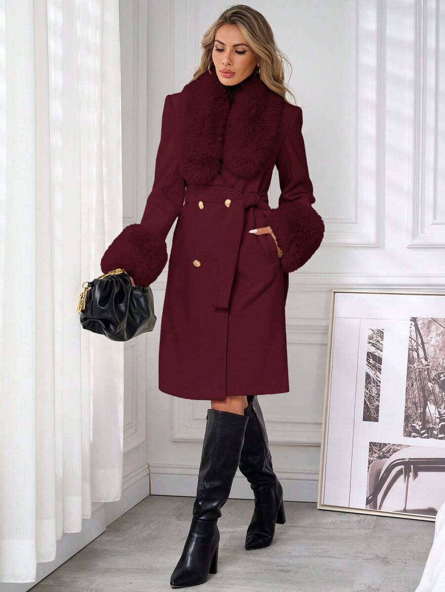 Ženski elegantni dugi kaput sa dvorednim dugmadima, kaišem i mekanim ukrasnim ivicama