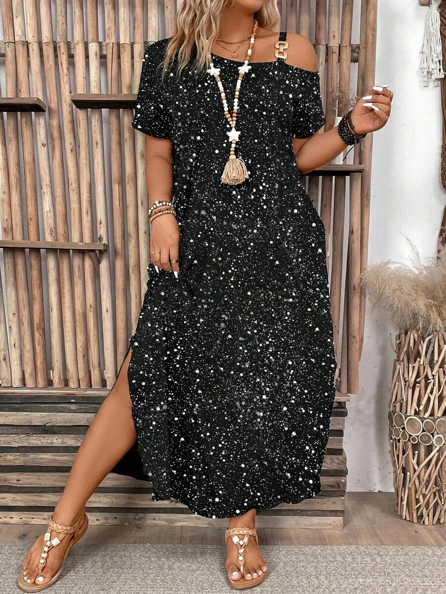 Ženska ležerna haljina plus size jednobojna, sa asimetričnim izrezom