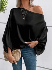 SHEIN Women's Solid Color Asymmetric Collar Batwing Sleeve Loose Blouse Fall Cloth For Women