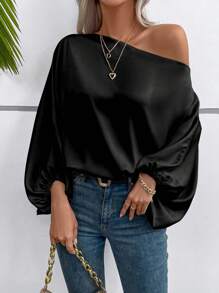 SHEIN Women's Solid Color Asymmetric Collar Batwing Sleeve Loose Blouse Fall Cloth For Women