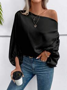 SHEIN Women's Solid Color Asymmetric Collar Batwing Sleeve Loose Blouse Fall Cloth For Women