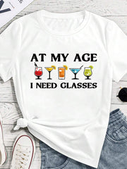 SHEIN LUNE Fashionable Minimalist Wine Glass Print Casual Short Sleeve T-Shirt Graphic Tees Women Tops