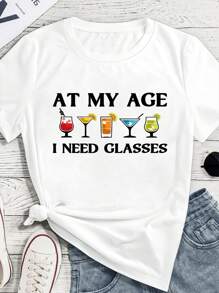 SHEIN LUNE Fashionable Minimalist Wine Glass Print Casual Short Sleeve T-Shirt Graphic Tees Women Tops