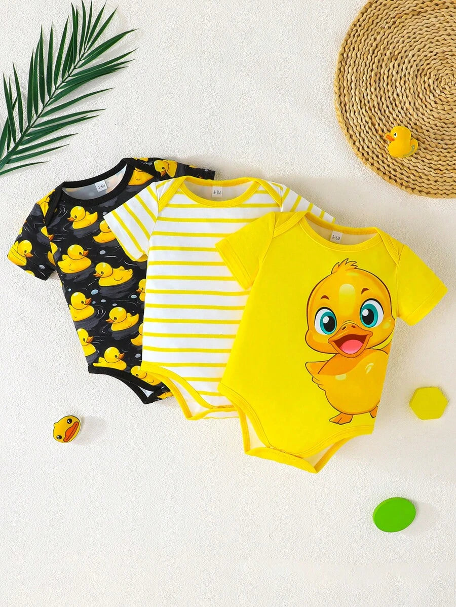 3 kom/set bebi body majice sa slatkim printom patke, udobne i lake za oblačenje, kratkih rukava