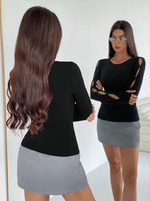 Siren Gaze Women Solid Color Round Neck Long Sleeve Hollow Simple Casual Top, Daily Wear Winter Black Spring
