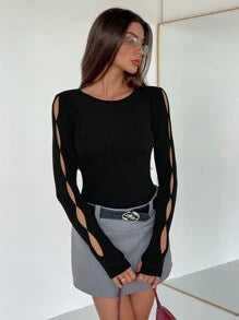 Siren Gaze Women Solid Color Round Neck Long Sleeve Hollow Simple Casual Top, Daily Wear Winter Black Spring