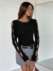 Siren Gaze Women Solid Color Round Neck Long Sleeve Hollow Simple Casual Top, Daily Wear Winter Black Spring