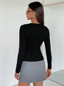 Siren Gaze Women Solid Color Round Neck Long Sleeve Hollow Simple Casual Top, Daily Wear Winter Black Spring