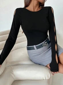 Siren Gaze Women Solid Color Round Neck Long Sleeve Hollow Simple Casual Top, Daily Wear Winter Black Spring
