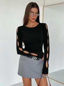 Siren Gaze Women Solid Color Round Neck Long Sleeve Hollow Simple Casual Top, Daily Wear Winter Black Spring