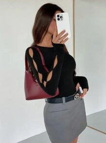 Siren Gaze Women Solid Color Round Neck Long Sleeve Hollow Simple Casual Top, Daily Wear Winter Black Spring