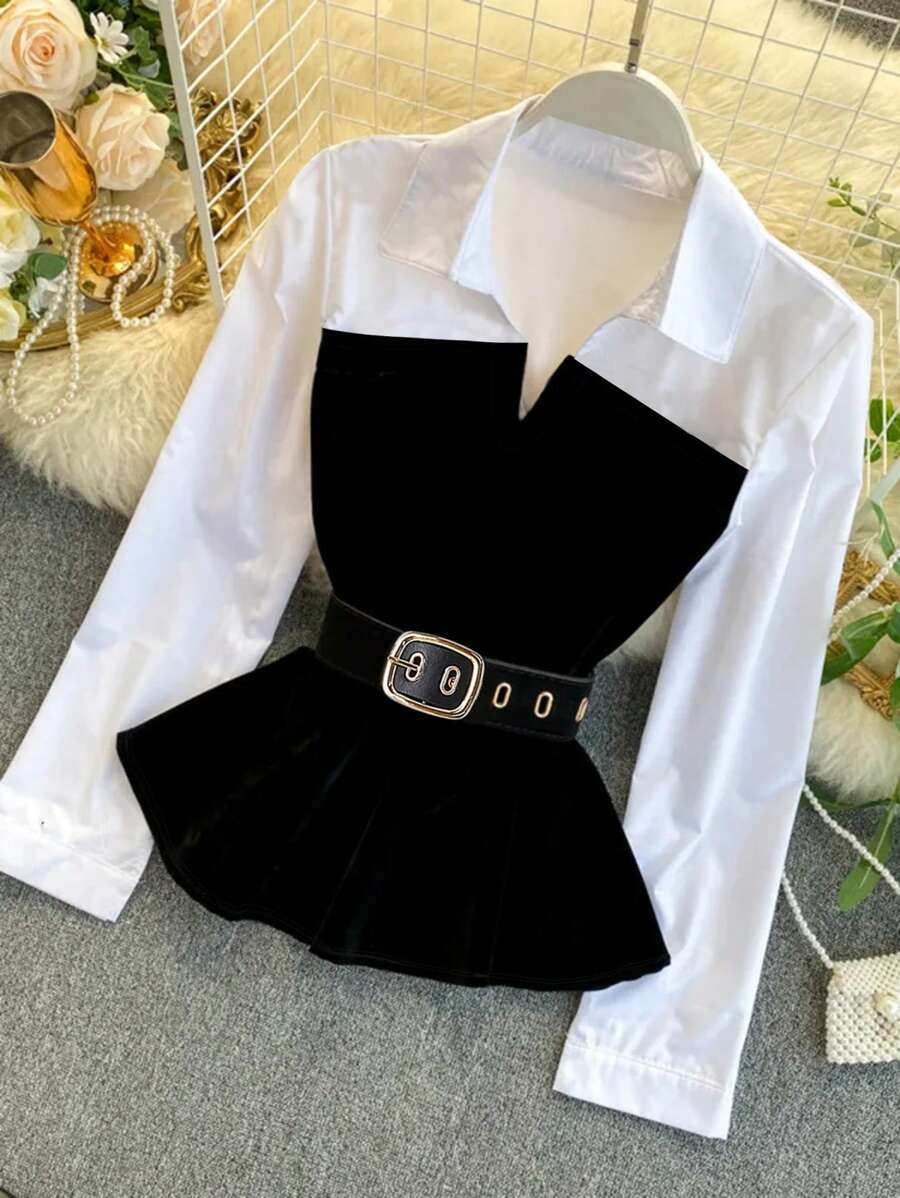 Franclia Women Contrast Color Waist Belt Casual Long Sleeve Blouse Fall Cloth For Women