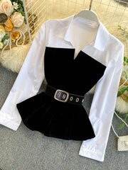 Franclia Women Contrast Color Waist Belt Casual Long Sleeve Blouse Fall Cloth For Women