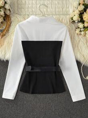 Franclia Women Contrast Color Waist Belt Casual Long Sleeve Blouse Fall Cloth For Women