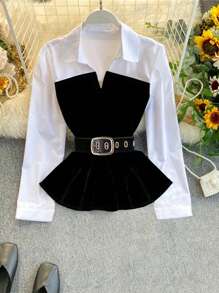 Franclia Women Contrast Color Waist Belt Casual Long Sleeve Blouse Fall Cloth For Women