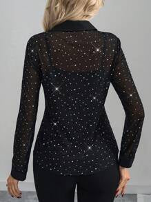 Editum Women Long Sleeve Glittering Sequins Black Sheer Elegant Blouse