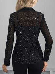 Editum Women Long Sleeve Glittering Sequins Black Sheer Elegant Blouse