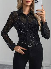 Editum Women Long Sleeve Glittering Sequins Black Sheer Elegant Blouse
