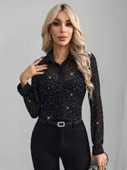 Editum Women Long Sleeve Glittering Sequins Black Sheer Elegant Blouse