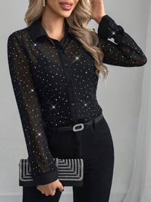 Editum Women Long Sleeve Glittering Sequins Black Sheer Elegant Blouse