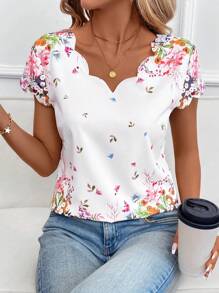 SHEIN Clasi Women's Elegant White Floral Short Sleeve Blouse,Casual & Fashionable Spring Summmer Brunch Top,Ditsy Floral Vacation Outfits