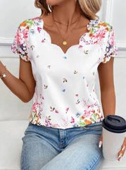 SHEIN Clasi Women's Elegant White Floral Short Sleeve Blouse,Casual & Fashionable Spring Summmer Brunch Top,Ditsy Floral Vacation Outfits