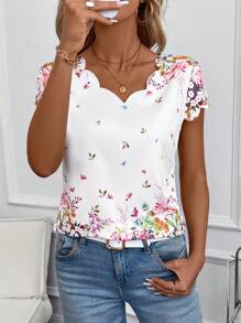 SHEIN Clasi Women's Elegant White Floral Short Sleeve Blouse,Casual & Fashionable Spring Summmer Brunch Top,Ditsy Floral Vacation Outfits