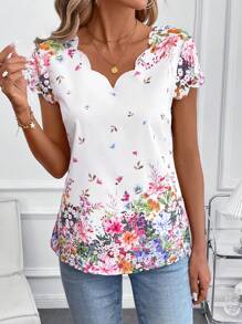 SHEIN Clasi Women's Elegant White Floral Short Sleeve Blouse,Casual & Fashionable Spring Summmer Brunch Top,Ditsy Floral Vacation Outfits