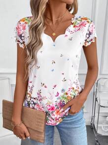 SHEIN Clasi Women's Elegant White Floral Short Sleeve Blouse,Casual & Fashionable Spring Summmer Brunch Top,Ditsy Floral Vacation Outfits